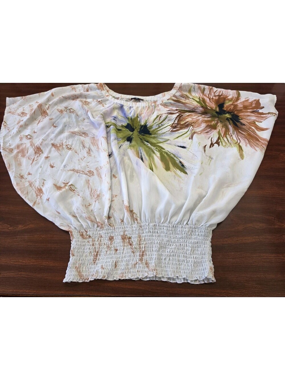 Unique Spectrum Plus 2X Floral Smocked Watercolor Floral Women Top Boho Festival